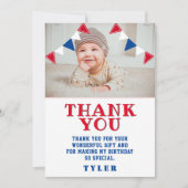 かわいいペナント フラグ 赤 青 子供 フォト 誕生日 サンキューカード (正面)