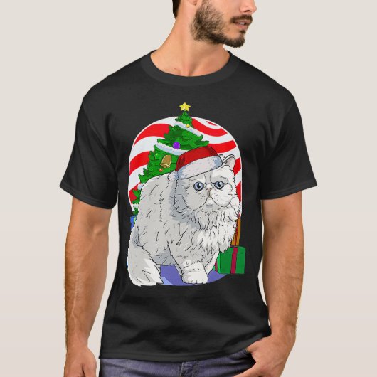 かわいいペルシャ猫サンタクリスマスツリーデコープレゼント  Tシャツ (正面)