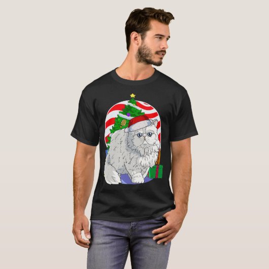 かわいいペルシャ猫サンタクリスマスツリーデコープレゼント  Tシャツ (正面フル)