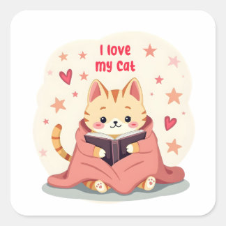 かわいいペルシャ猫ステッカー、読書中の猫ステッカー スクエアシール