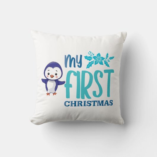 かわいいペンキン印刷初めてのクリスマス クッション (正面)