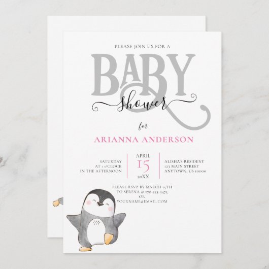 かわいいペンキン男女兼用赤ちゃんシャワー招待状 招待状 (正面/裏面)