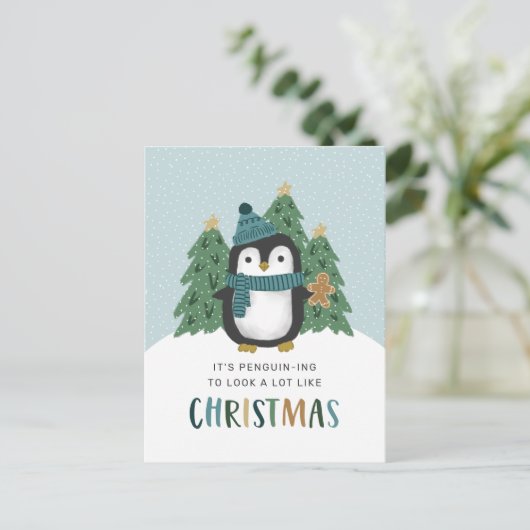 かわいいペンギンおもしろいペンギンのクリスマス シーズンポストカード (スタンド正面)