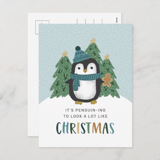 かわいいペンギンおもしろいペンギンのクリスマス シーズンポストカード (正面/裏面)