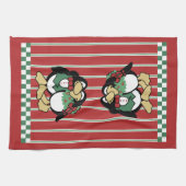 かわいいペンギンお洒落カップルChristmas Love Red キッチンタオル (横)