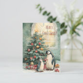 かわいいペンギンがクリスマスツリーを飾る、クリスマス ポストカード (スタンド正面)