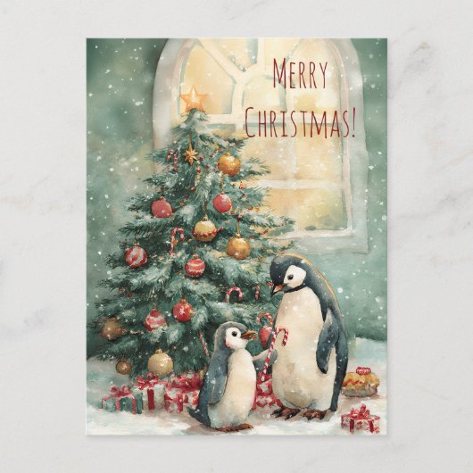 かわいいペンギンがクリスマスツリーを飾る、クリスマス ポストカード (正面)