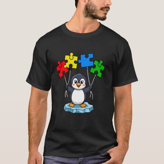 かわいいペンギンがパズルのピースを持つ自閉症啓発 Tシャツ (正面)