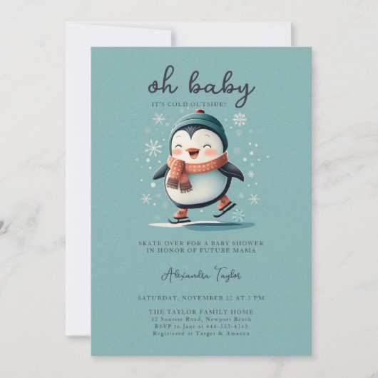 かわいいペンギンが外で冷たい甘い赤ちゃんシャワー 招待状 (正面)