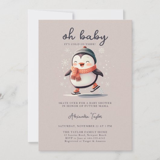 かわいいペンギンが外の冷たい女の子の赤ちゃんシャワーをスケート 招待状 (正面)