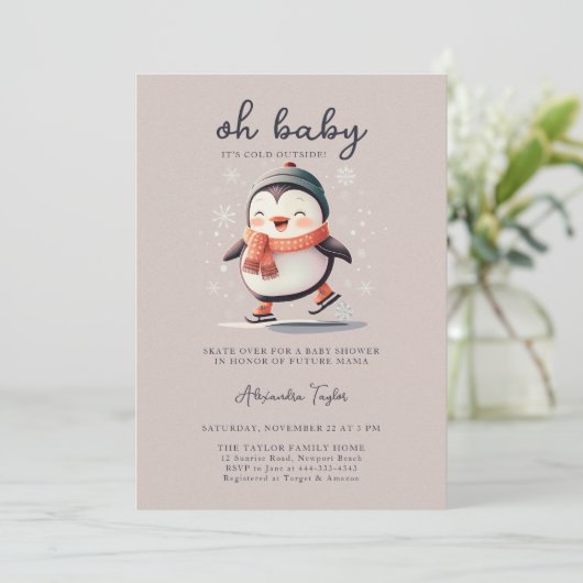 かわいいペンギンが外の冷たい女の子の赤ちゃんシャワーをスケート 招待状 (スタンド正面)