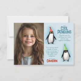 かわいいペンギンが子供の誕生日写真を祝う サンキューカード
