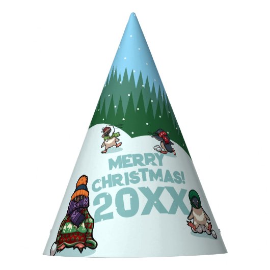 かわいいペンギンが年号入りでメリークリスマス! ウィンター パーティーハット (正面)