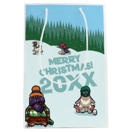かわいいペンギンが年号入りでメリークリスマス! ウィンター ミディアムペーパーバッグ