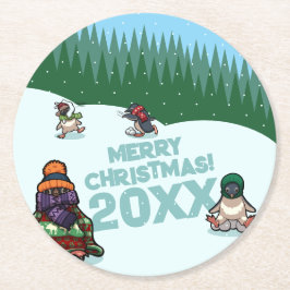 かわいいペンギンが年号入りでメリークリスマス! 冬 ラウンドペーパーコースター