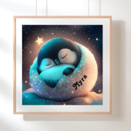 かわいいペンギンが眠る星と月のアート保育園 ポスター