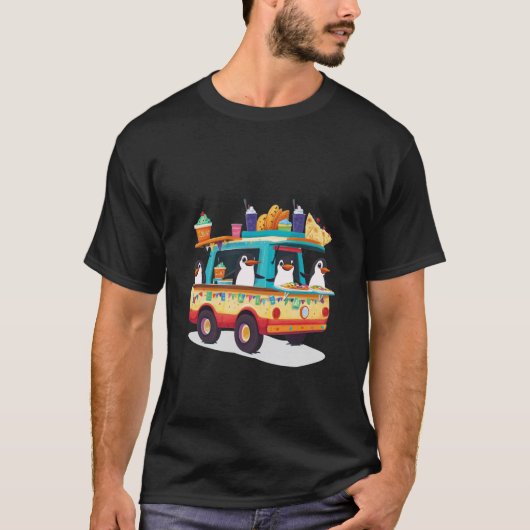 かわいいペンギンが運転するフードトラック 面白い水生の鳥 Tシャツ (正面)