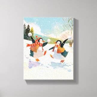 かわいいペンギンが雪で遊ぶ水彩画のベビールームアート キャンバスプリント