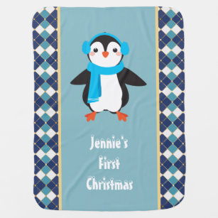 かわいいペンギンとイヤーマフベビーの初めてのクリスマス ベビー ブランケット