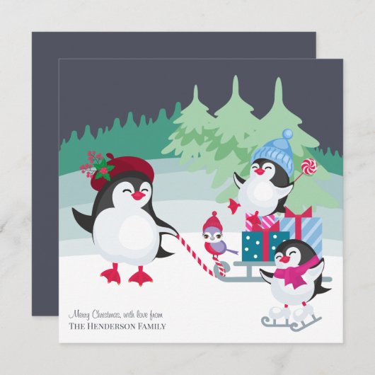 かわいいペンギンとクリスマスフォレストの雪景色 シーズンカード (正面/裏面)