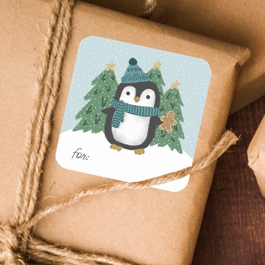 かわいいペンギンとジンジャーブレッドマンギフトラベルシール スクエアシール
