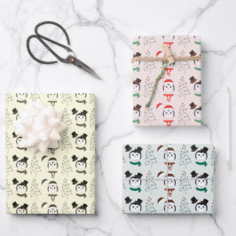 かわいいペンギンとモダンクリスマスツリークリスマス ラッピングペーパーシート