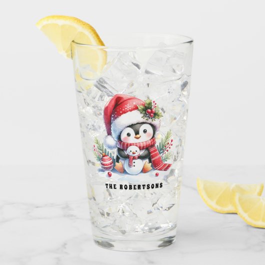 かわいいペンギンと雪だるまカスタムファミリークリスマス タンブラーグラス (アイス正面)