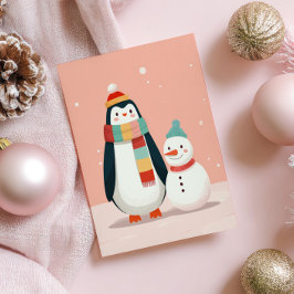 かわいいペンギンと雪だるまパステルピンククリスマス ポストカード
