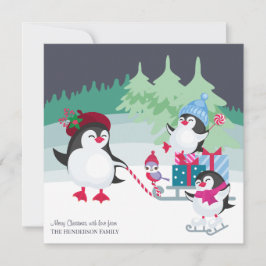 かわいいペンギンのいるクリスマスの森の雪景色 シーズンカード