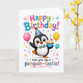 かわいいペンギンのお誕生日おめでとう カード (黄色い花)