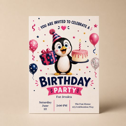 かわいいペンギンのお誕生日パーティー 招待状