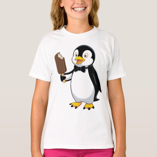かわいいペンギンのアイスクリームのカートゥーンデザイン Tシャツ (正面)