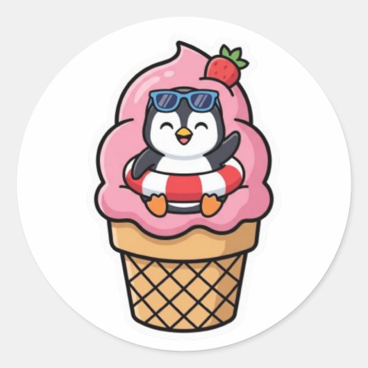 かわいいペンギンのアイスクリームコーン サマー ステッカー (正面)