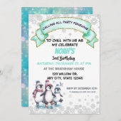 かわいいペンギンのアイススケート誕生日招待状 招待状 (正面/裏面)