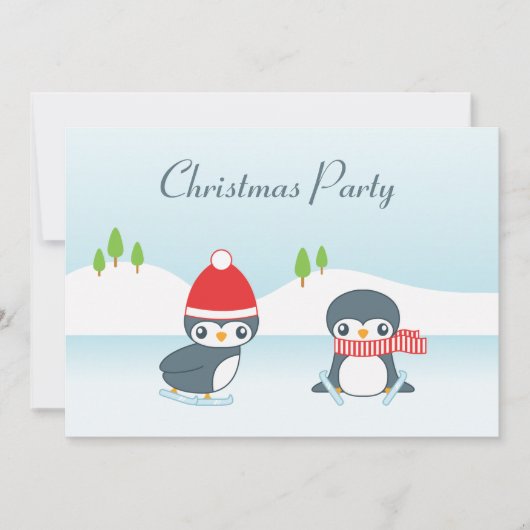 かわいいペンギンのアイススケート クリスマスパーティー 招待状 (正面)