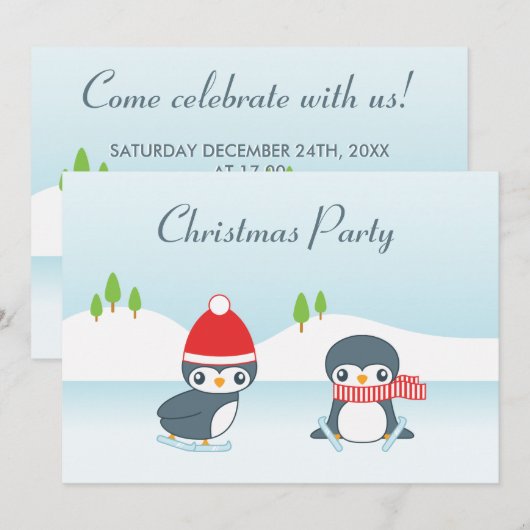 かわいいペンギンのアイススケート クリスマスパーティー 招待状 (正面/裏面)
