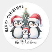 かわいいペンギンのカスタムファミリー名 メリークリスマス ラウンドシール (正面)