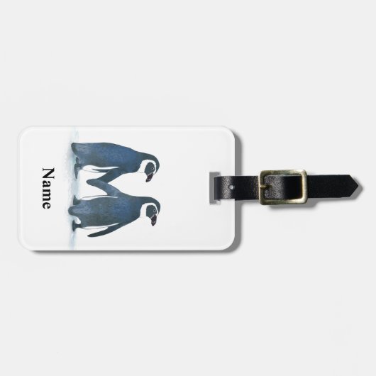 かわいいペンギンのカップルが手を握る ラゲッジタグ (正面横)