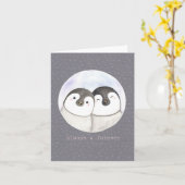 かわいいペンギンのカップル笑顔バレンタイン カード (黄色い花)