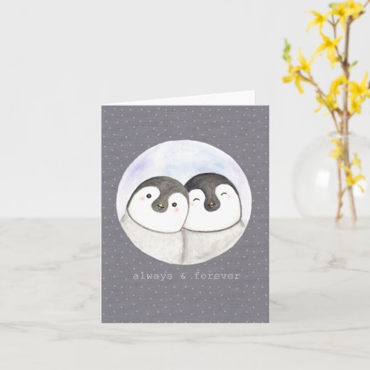 かわいいペンギンのカップル笑顔バレンタイン カード (黄色い花)