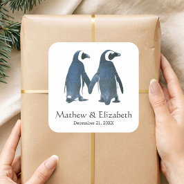 かわいいペンギンのカップル | ロマンティックな結婚式 スクエアシール
