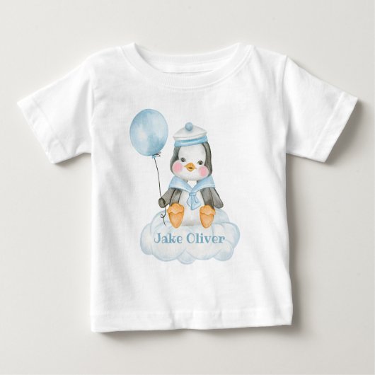 かわいいペンギンのキャラクター ブルー ベビーTシャツ (正面)