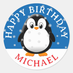 かわいいペンギンのキャラクター 雪の誕生日 カスタムネーム ラウンドシール