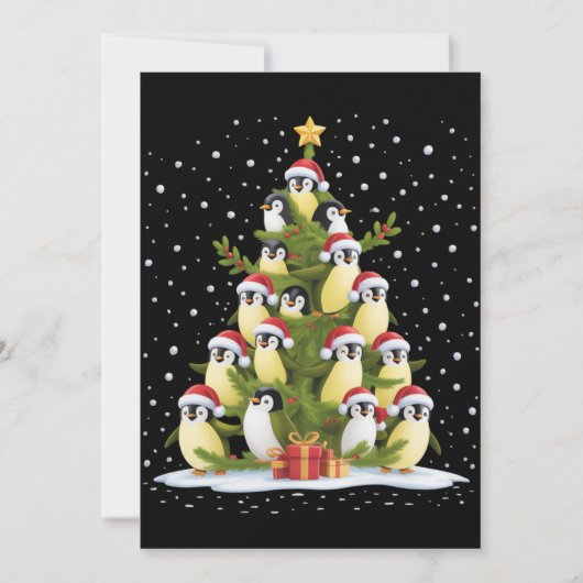 かわいいペンギンのクリスマスツリー 楽しいホリデー 招待状 (正面)