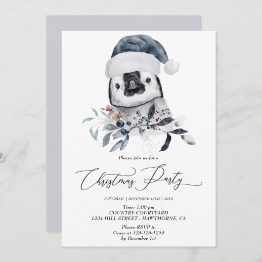 かわいいペンギンのクリスマスパーティー冬の招待状 招待状 (正面/裏面)