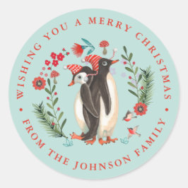 かわいいペンギンのクリスマスホリデー名前 青 ラウンドシール