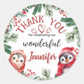 かわいいペンギンのクリスマス2回目の誕生日ありがとう ラウンドシール (正面)