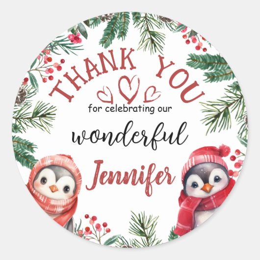 かわいいペンギンのクリスマス2回目の誕生日ありがとう ラウンドシール (正面)