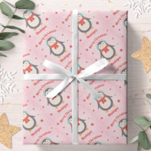 かわいいペンギンのクリスマス ピンクの雪の世界 名入れ