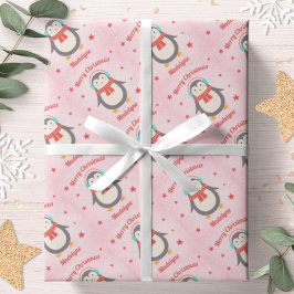 かわいいペンギンのクリスマス ピンクの雪の世界 名入れ ラッピングペーパー